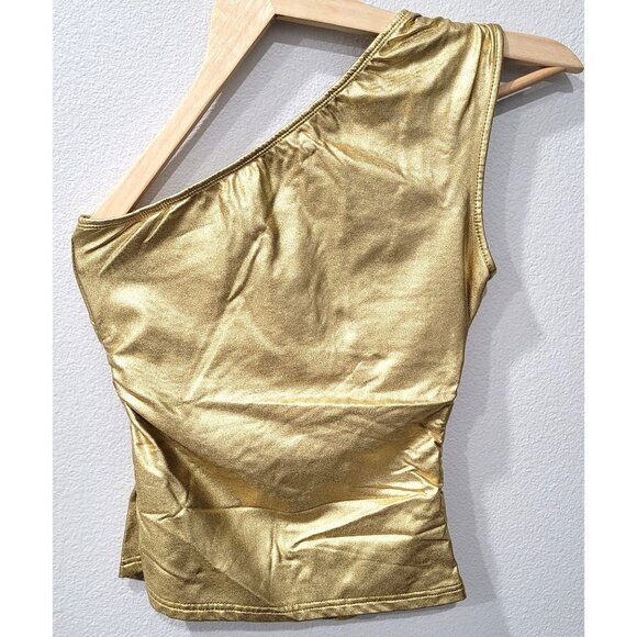 Shein One-Shoulder Gold Metallic with Ruched Sides Tank Top Size M - Picture 8 of 10